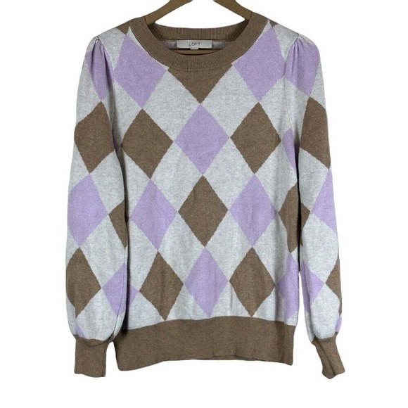 Loft Pullover Sweater Womens XL Tan Purple‎ Argyle Cotton Puff Sleeve Preppy - Picture 2 of 7